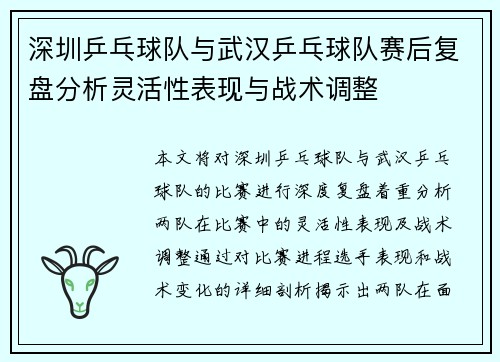 深圳乒乓球队与武汉乒乓球队赛后复盘分析灵活性表现与战术调整